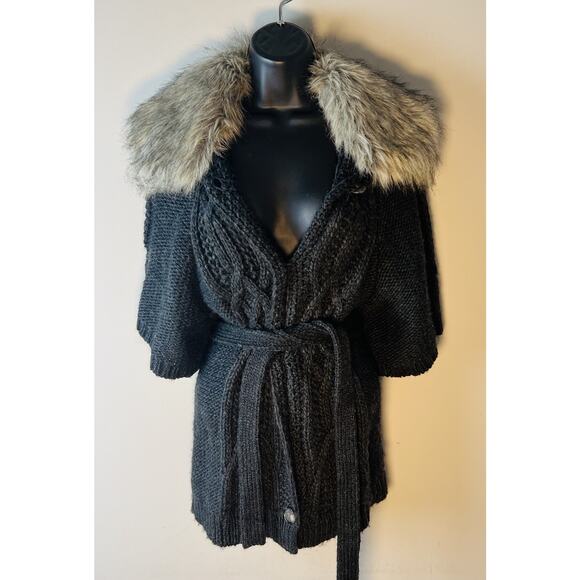 Loft Dark Gray Belted Cardigan Sweater Wool Alpaca Blend Faux Fur Collar Sz XS - Picture 1 of 10